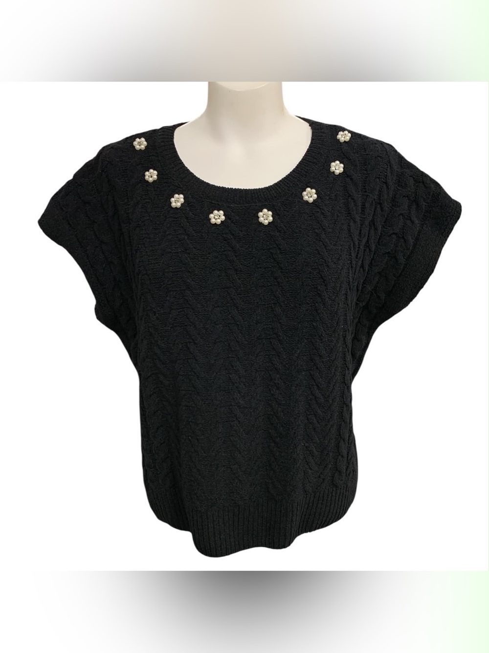 Greige Embellished Black Cable-Knit Scoopneck Sweater Size XL
